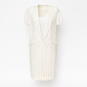 80s Cream Pleated Shift Dress‎ Size L Nautical Minimalist Big Shoulder Pads